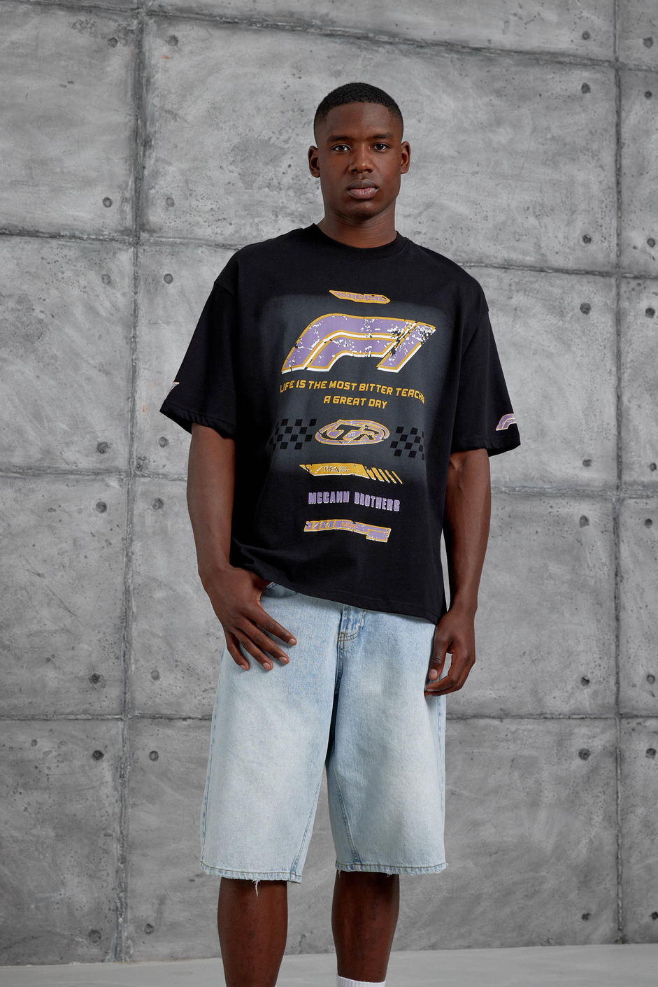 Siyah F1 Baskılı Oversize Tshirt