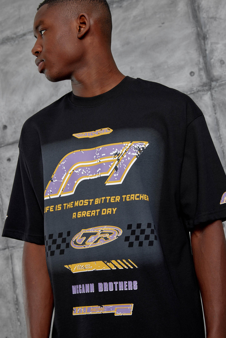 Siyah F1 Baskılı Oversize Tshirt