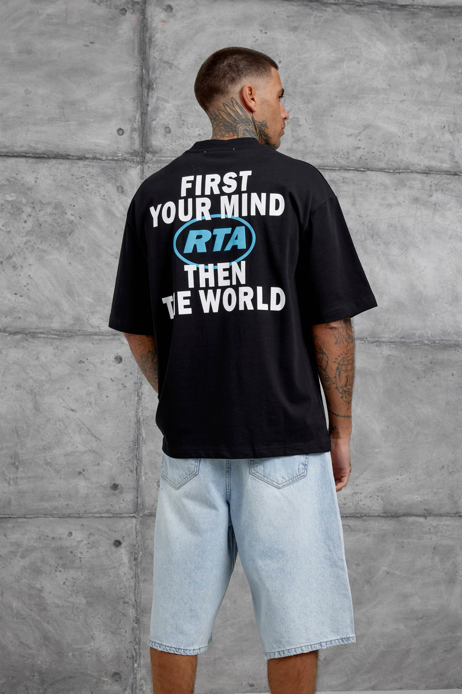 Siyah First Your Mind Yazılı Oversize Tshirt