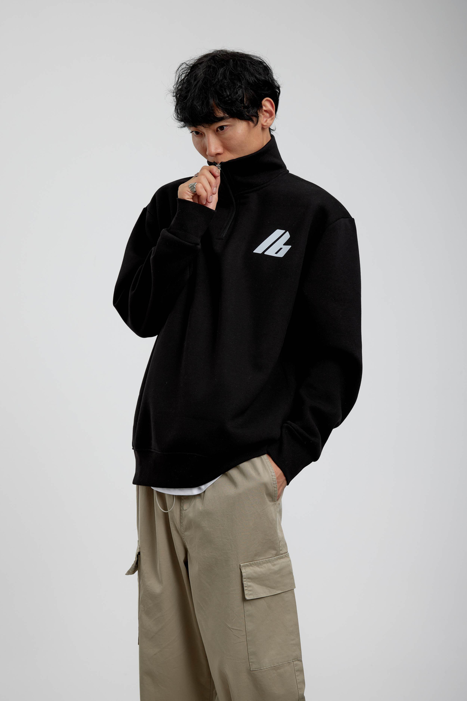 Siyah Good Yazılı Yarım Fermuarlı Sweatshirt