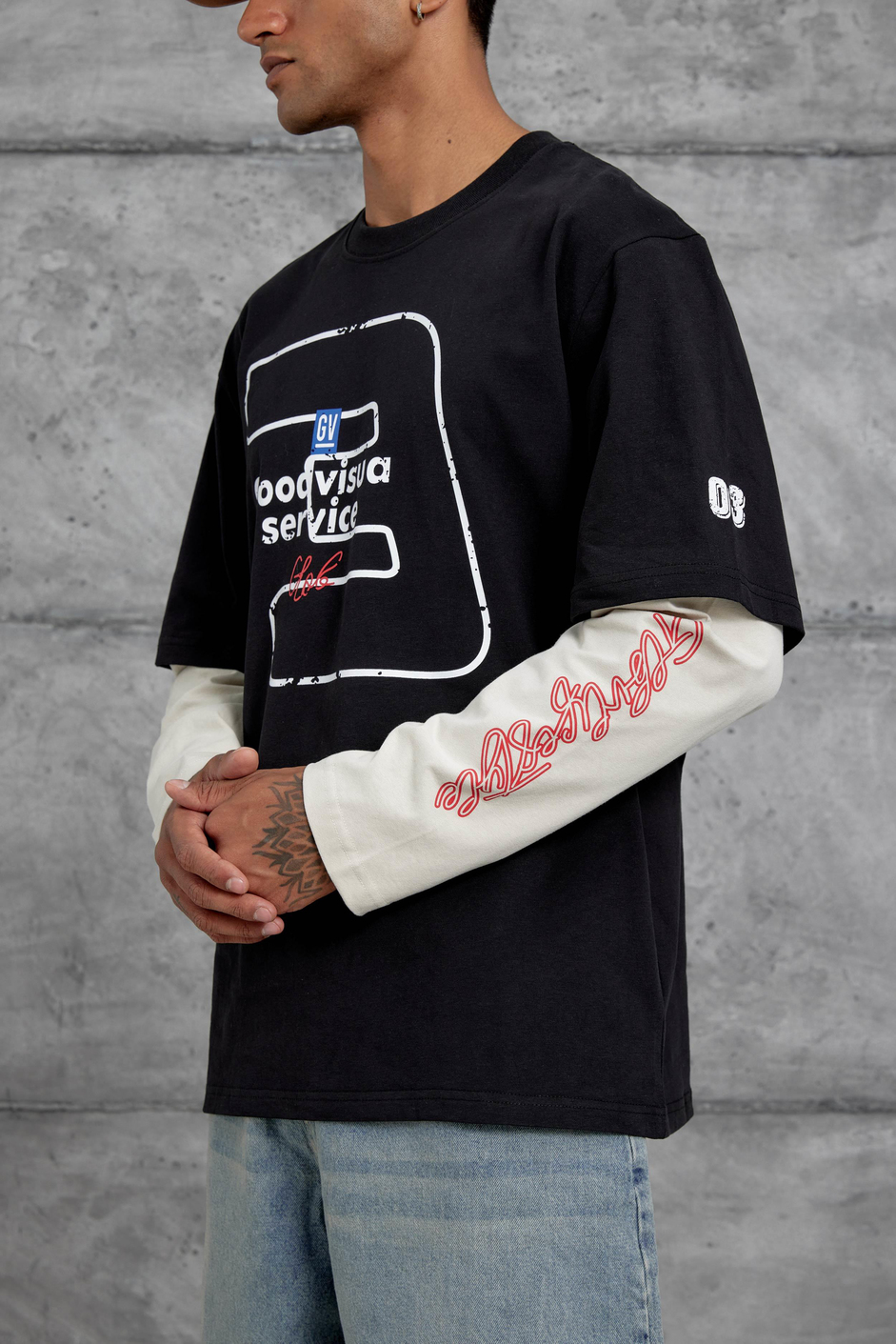 Siyah Goodvision Baskılı  Oversize Kolu Parçalı Tasarım Sweatshirt