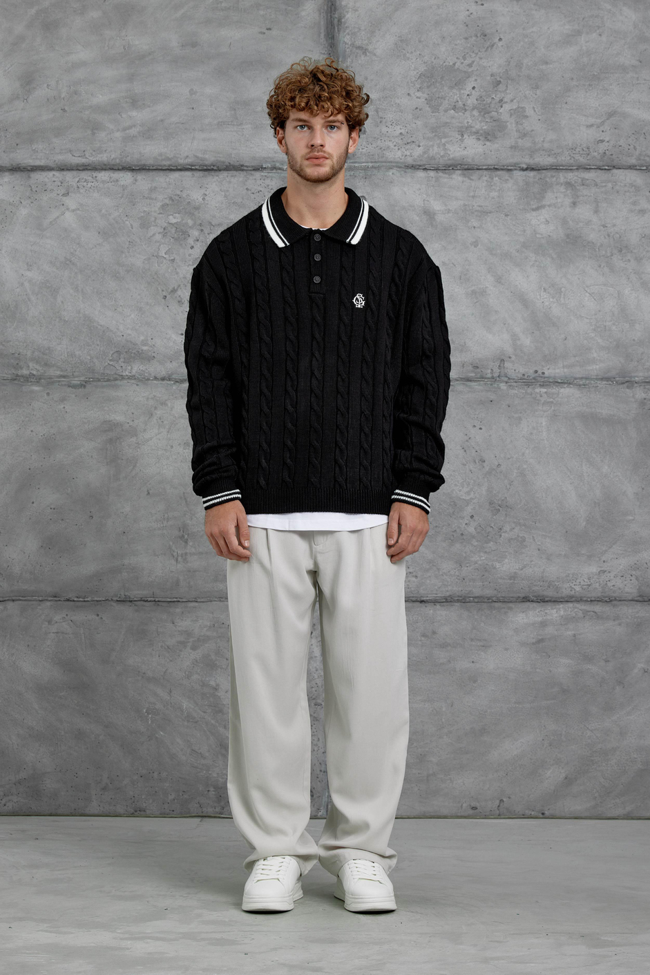 Siyah Gst Polo Yaka Örme Oversize Triko