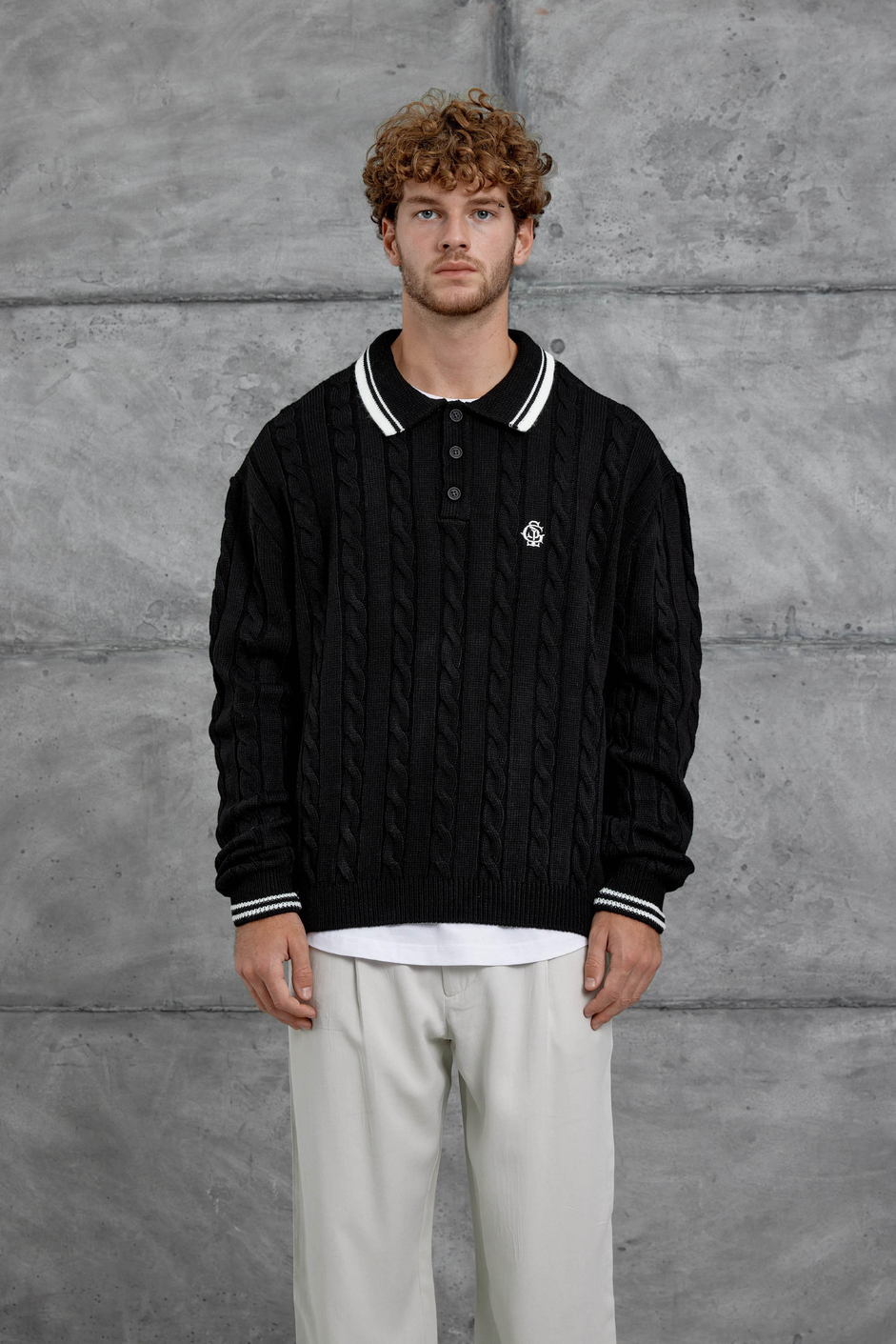 Siyah Gst Polo Yaka Örme Oversize Triko