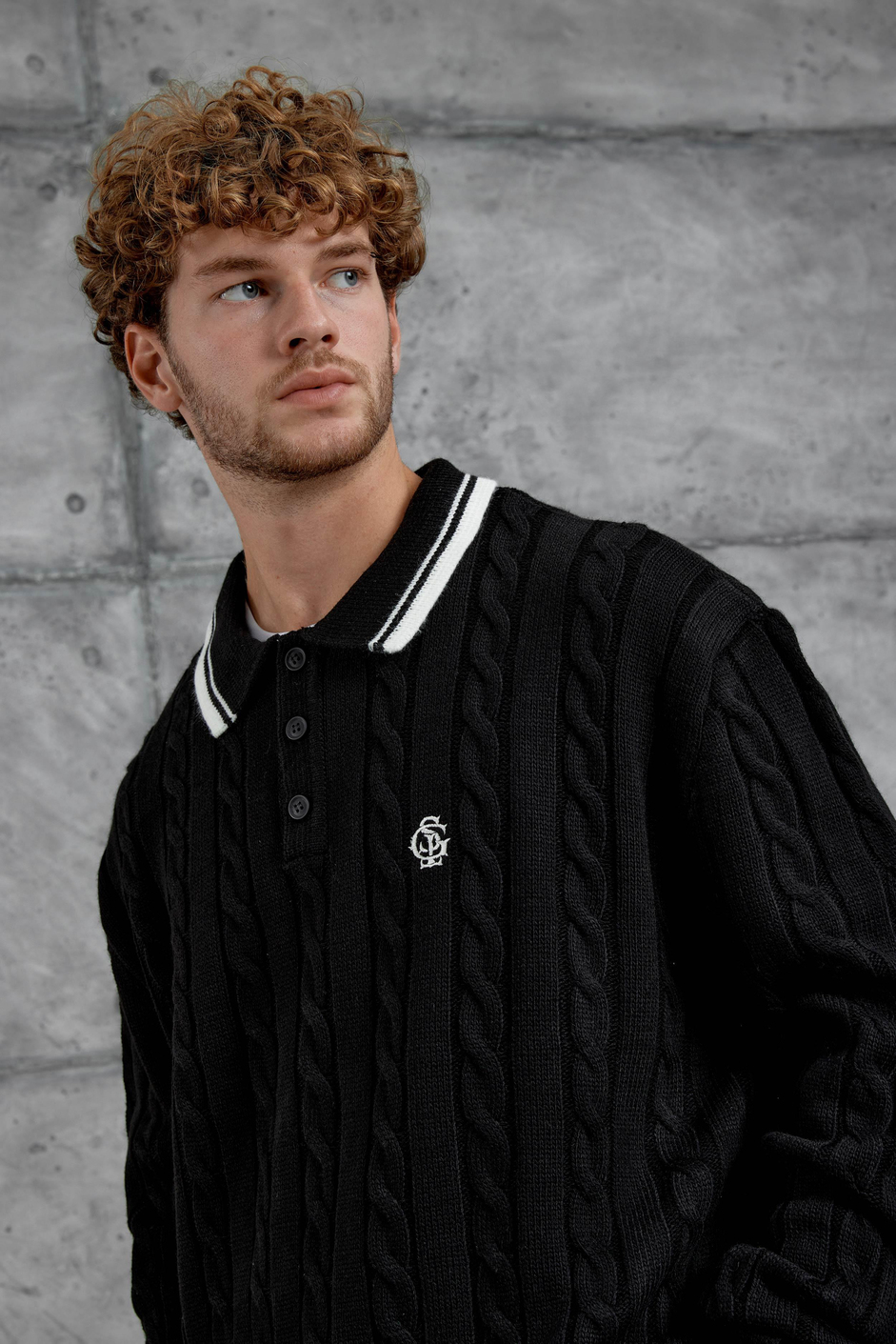 Siyah Gst Polo Yaka Örme Oversize Triko