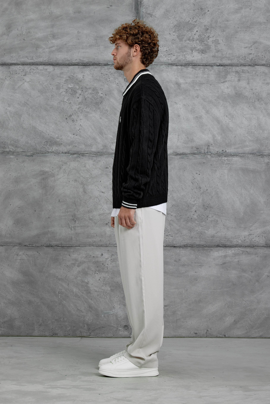 Siyah Gst Polo Yaka Örme Oversize Triko