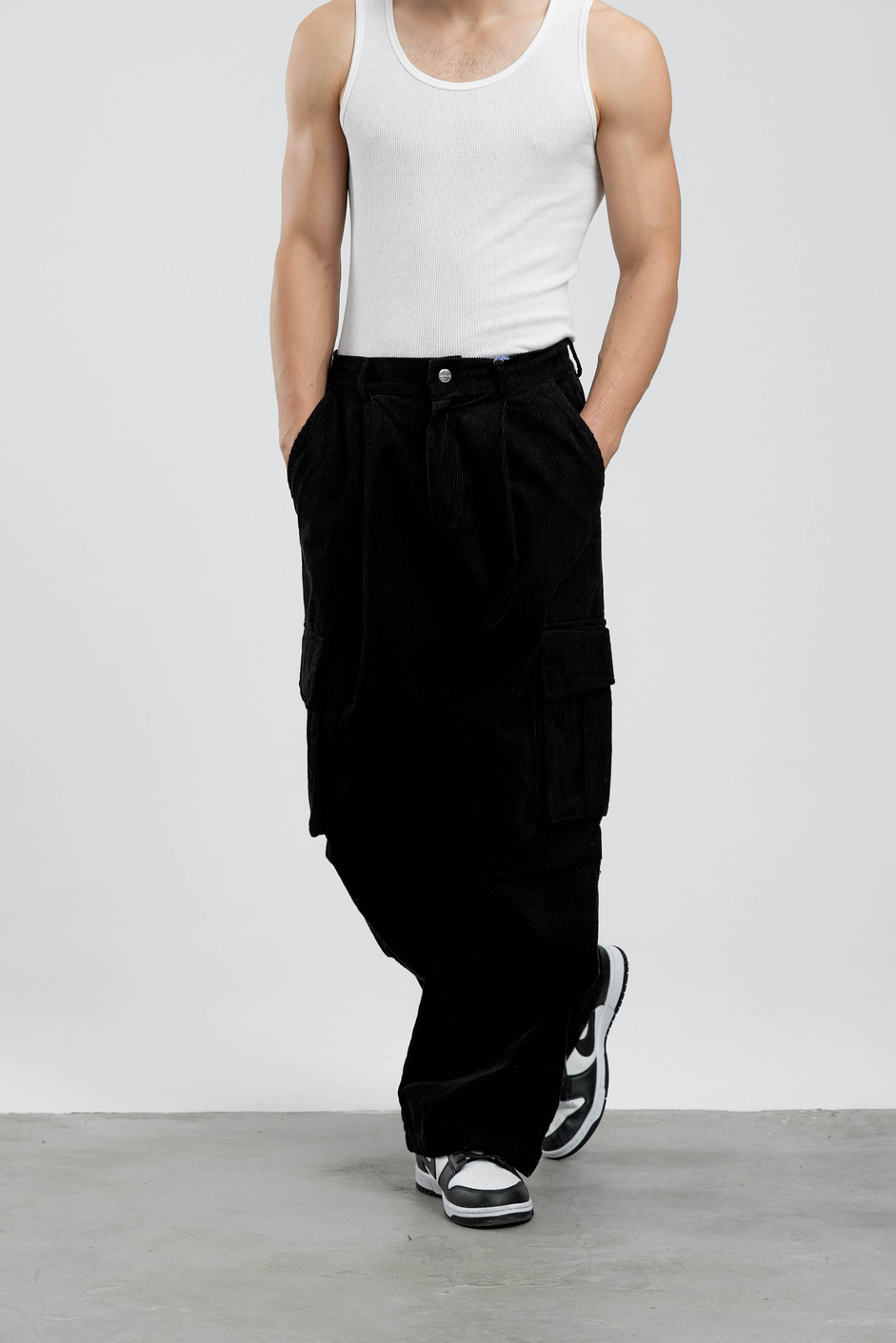 Siyah Kadife Baggy Kargo Pantolon