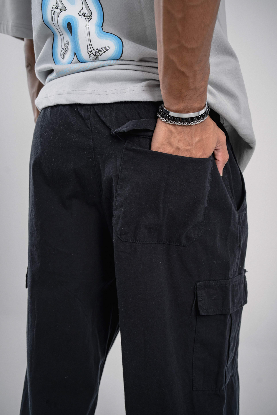 Siyah Mevsimlik Gabardin Kumaş Baggy Kargo Pantolon