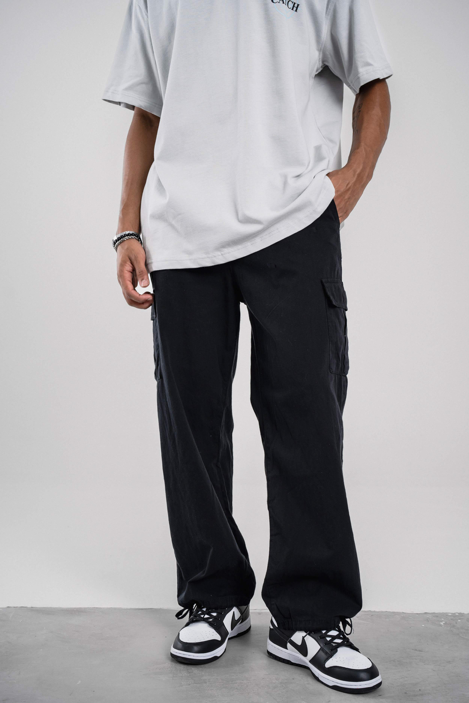 Siyah Mevsimlik Gabardin Kumaş Baggy Kargo Pantolon