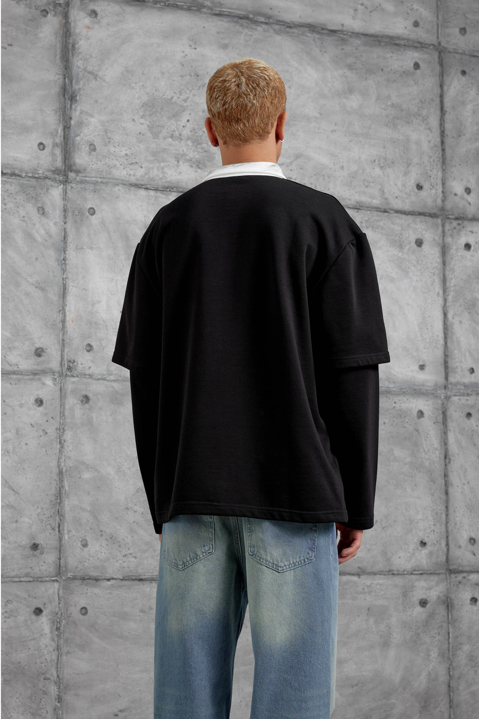 Siyah Nmrc Polo Yaka Kolu Parçalı Oversize Sweatshirt