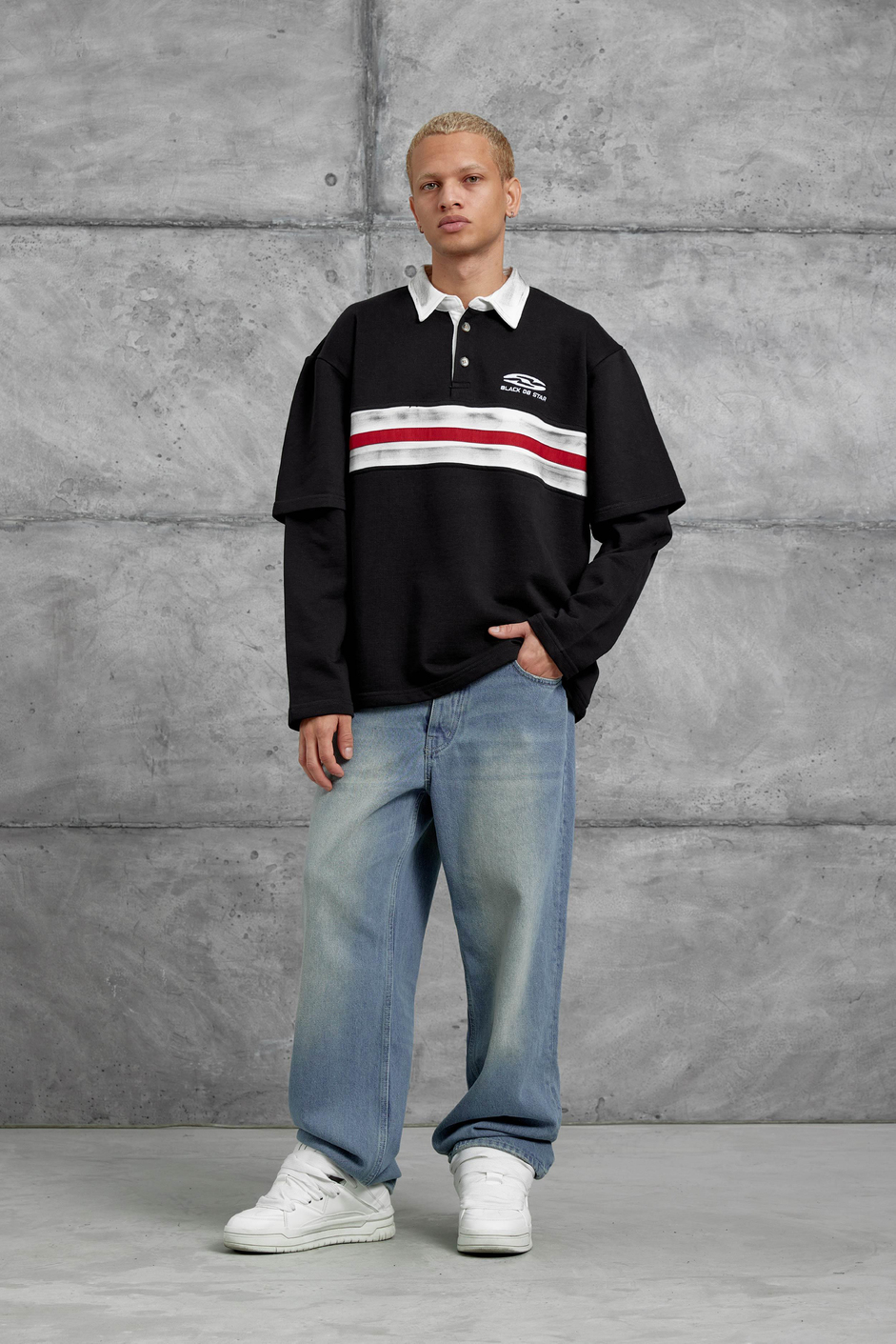 Siyah Nmrc Polo Yaka Kolu Parçalı Oversize Sweatshirt