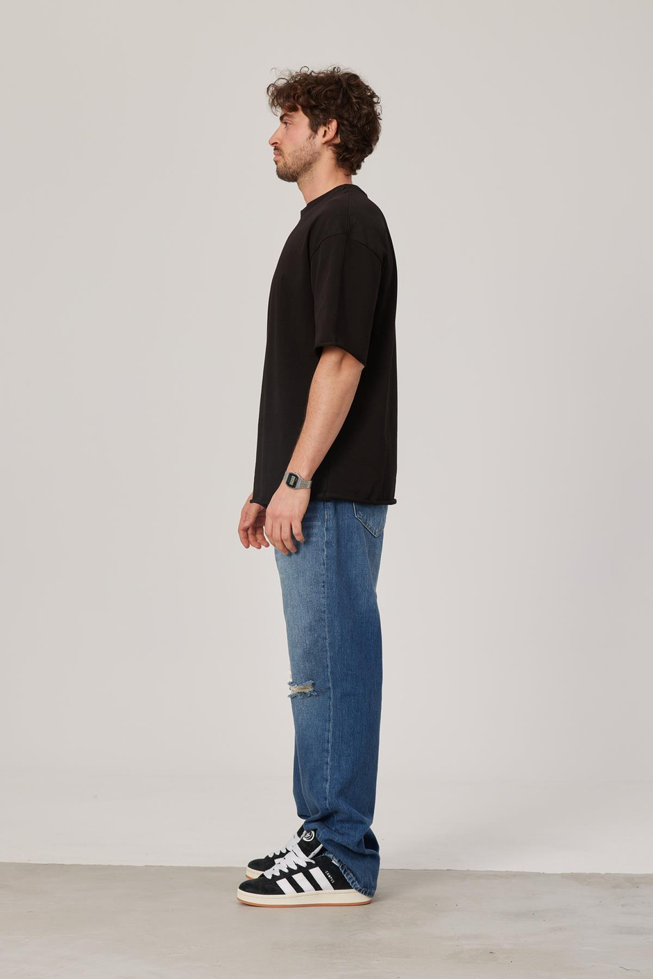 Siyah Oversize Pis Kol Basic Tshirt