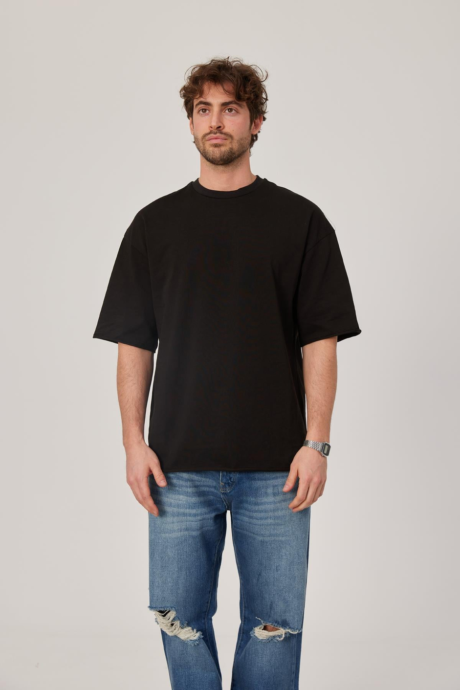 Siyah Oversize Pis Kol Basic Tshirt