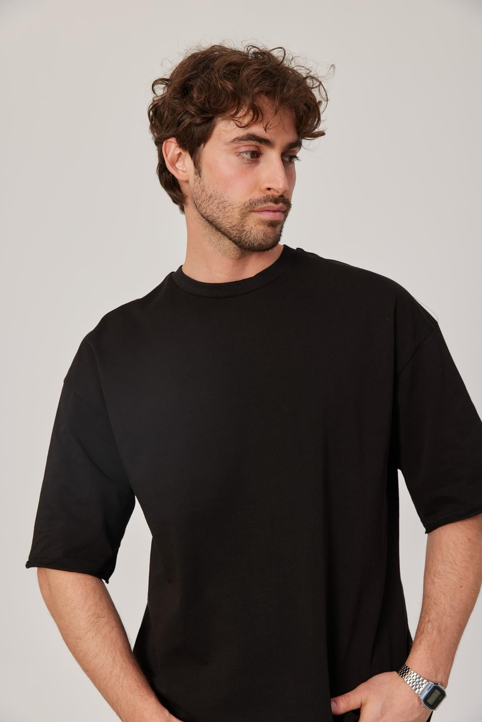 Siyah Oversize Pis Kol Basic Tshirt