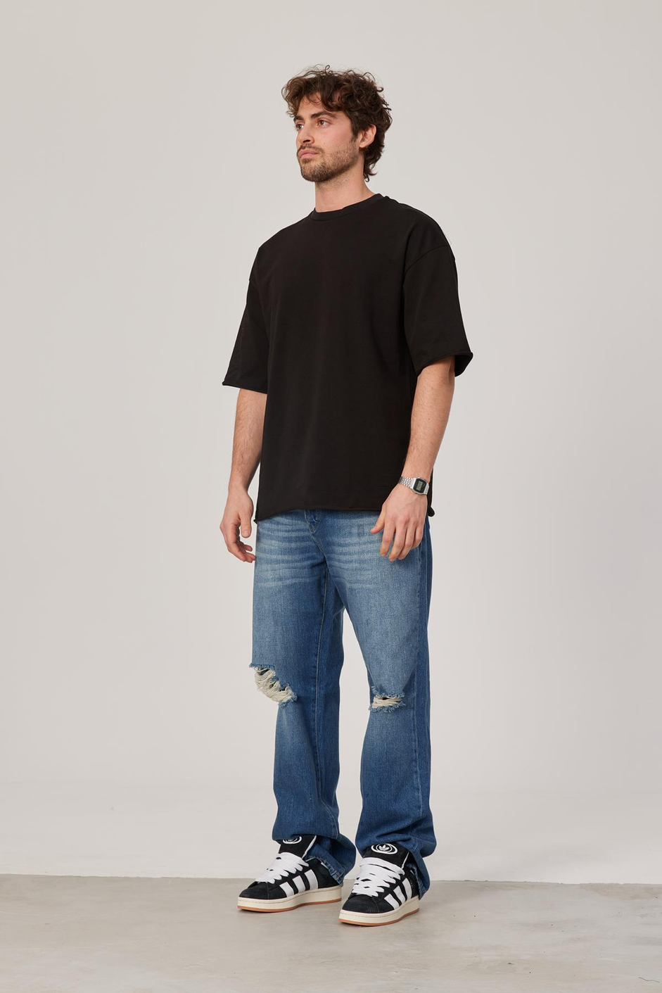 Siyah Oversize Pis Kol Basic Tshirt