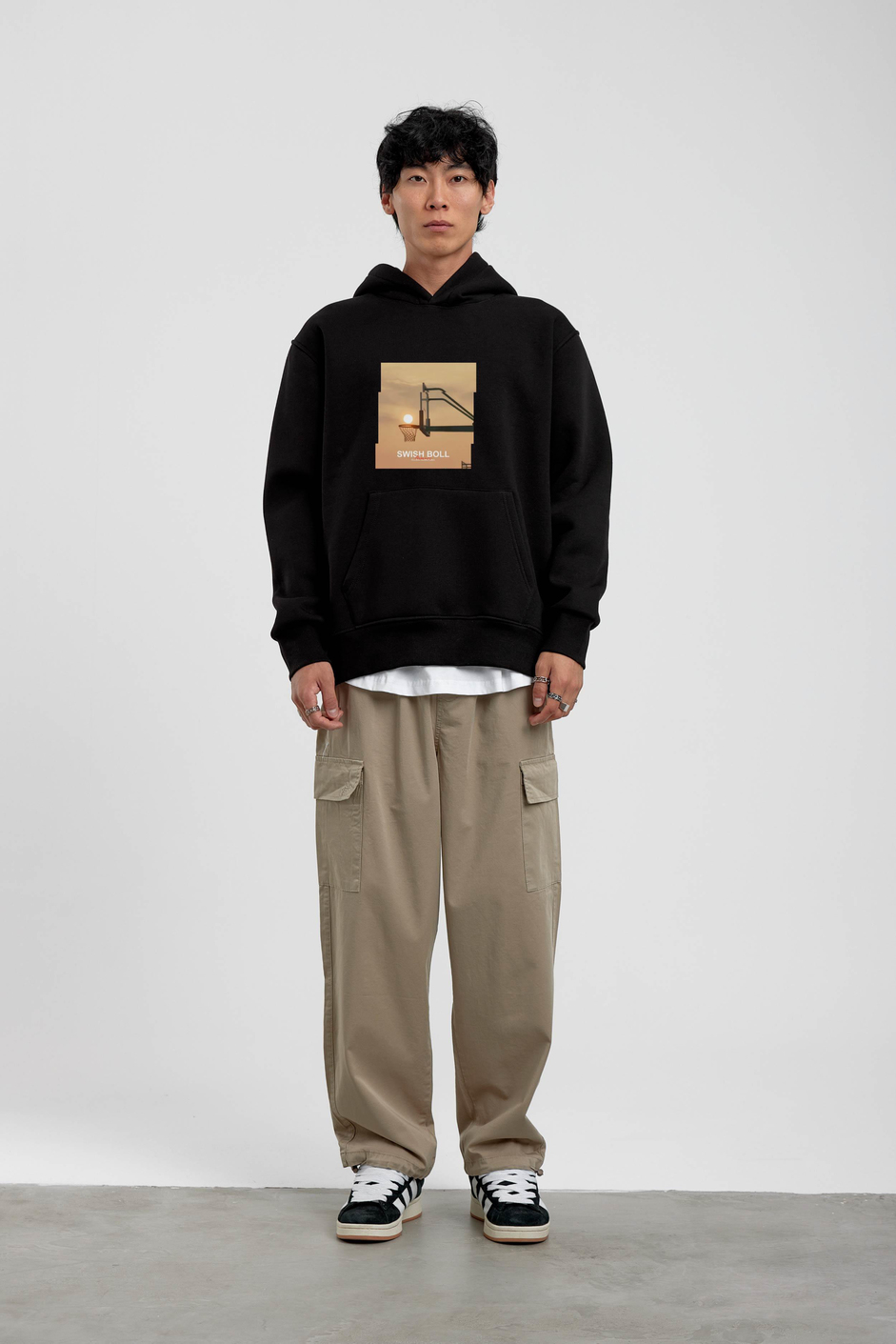 Siyah Pota Baskılı Kapüşonlu Sweatshirt