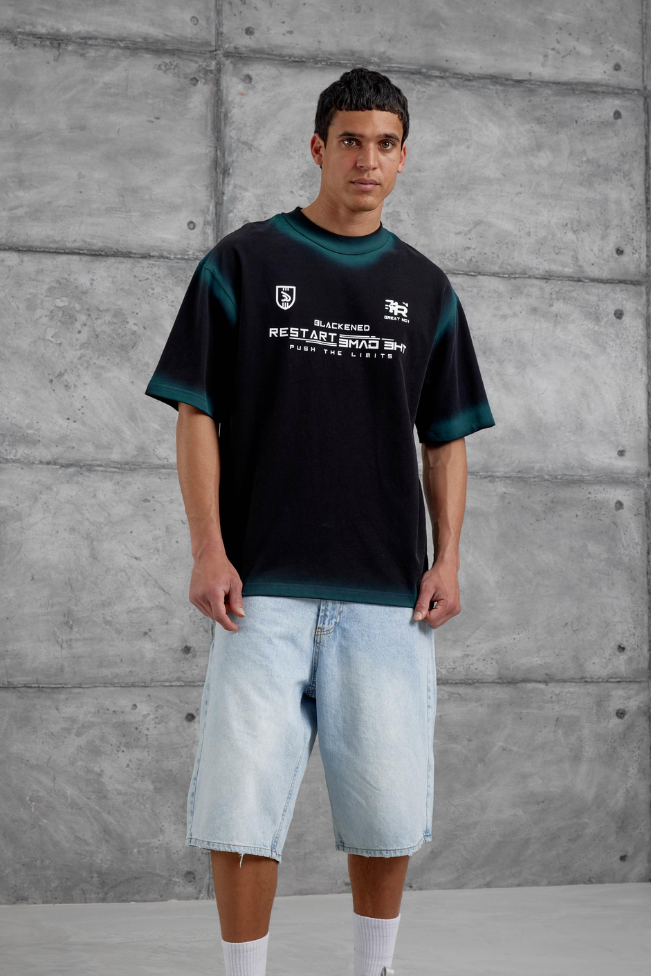Siyah Restart Baskılı Oversize Tshirt