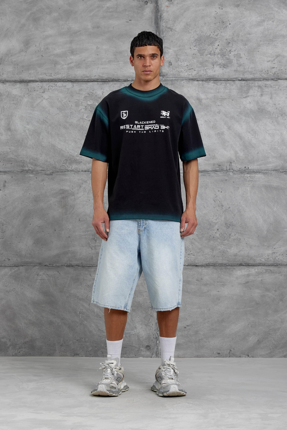 Siyah Restart Baskılı Oversize Tshirt
