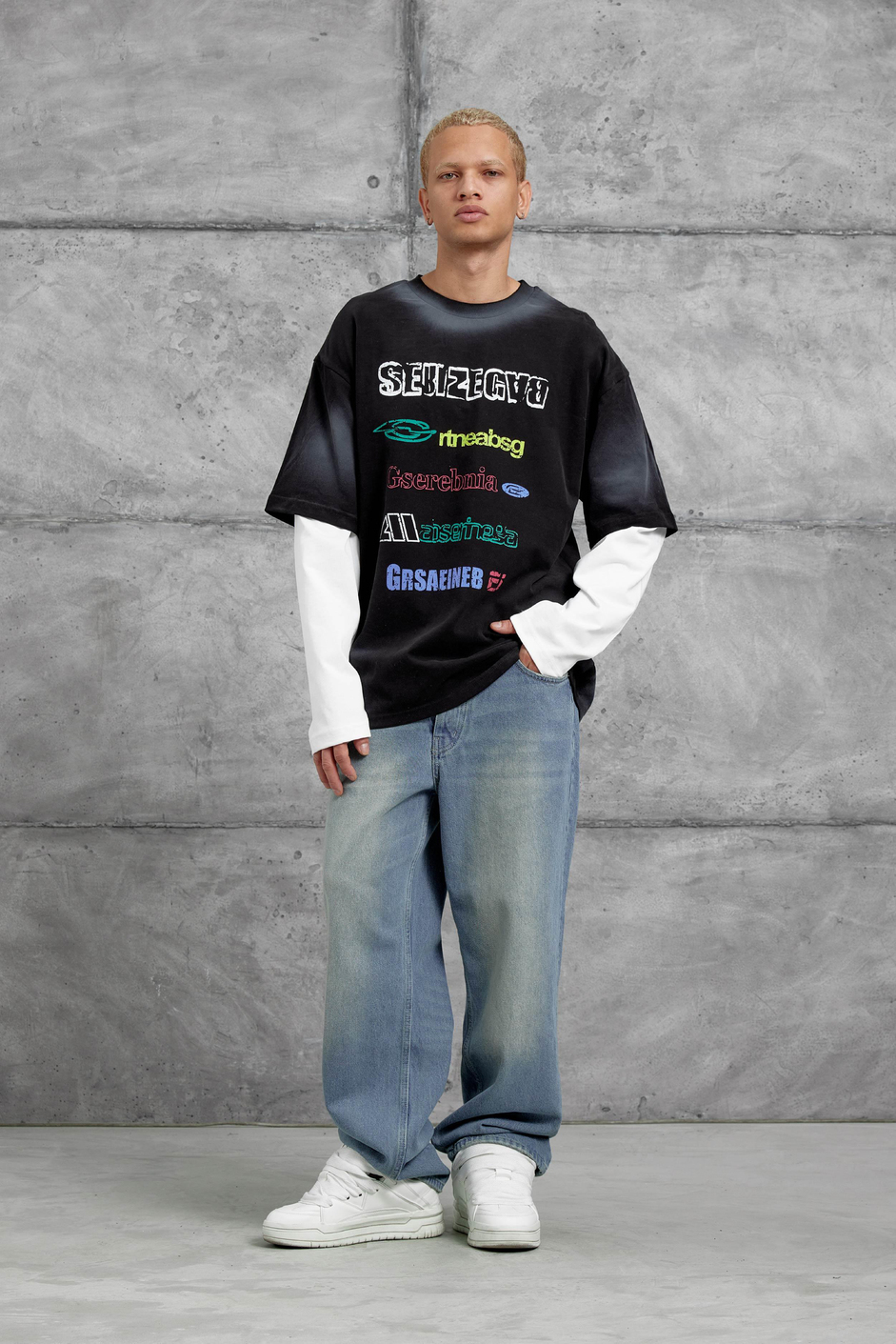 Siyah Sebizegva Baskılı Parça Kollu Sweatshirt