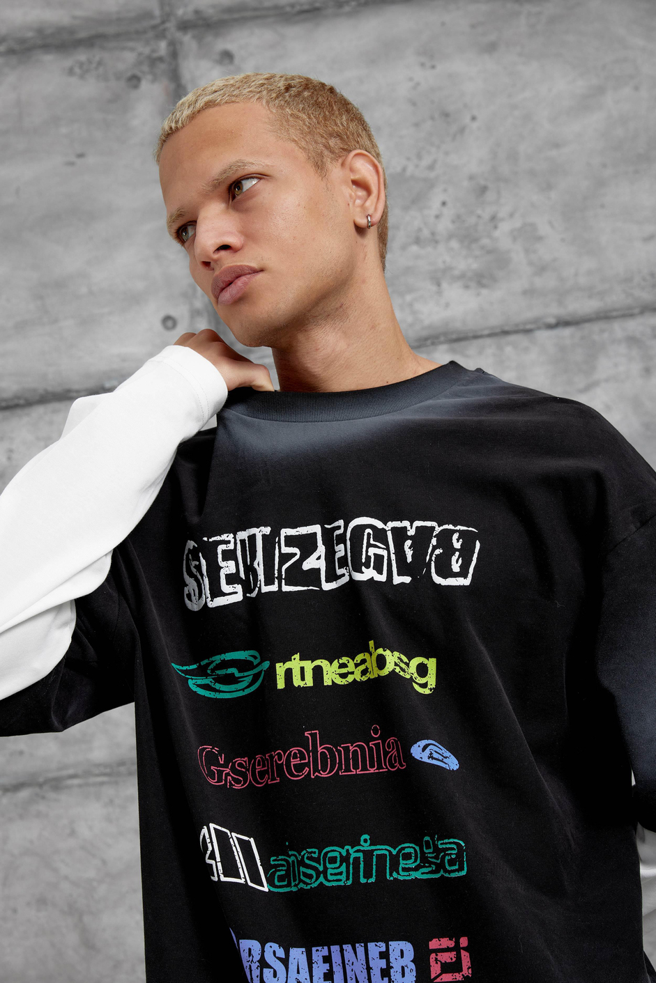 Siyah Sebizegva Baskılı Parça Kollu Sweatshirt