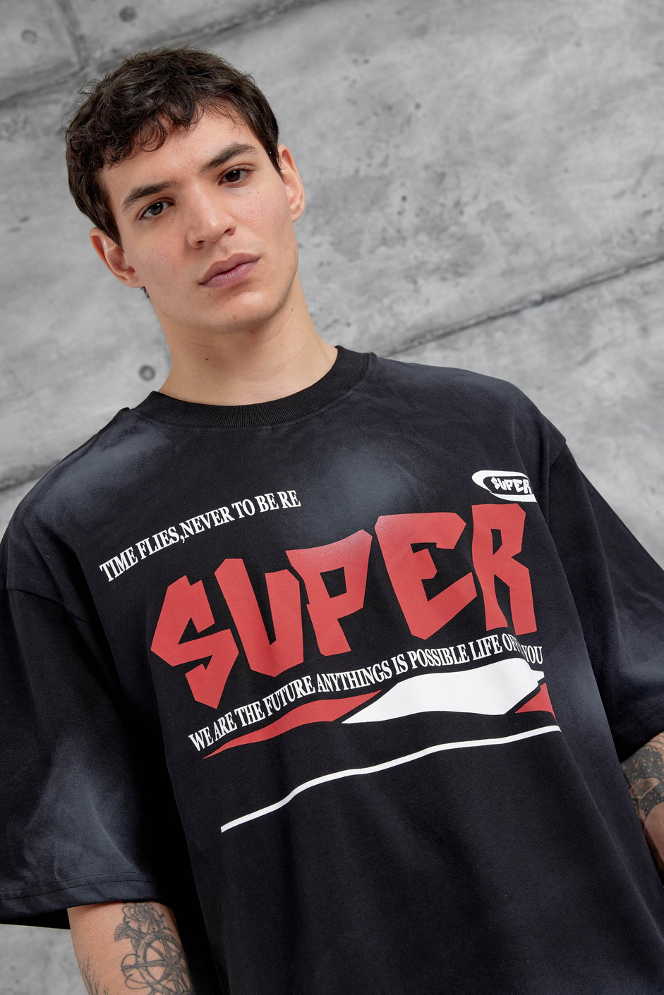 Siyah Super Yazılı Oversize Tshirt