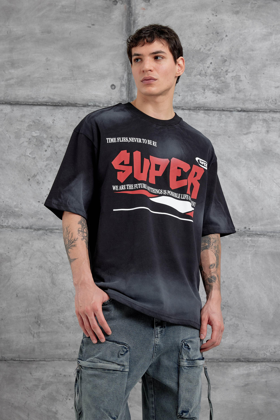 Siyah Super Yazılı Oversize Tshirt