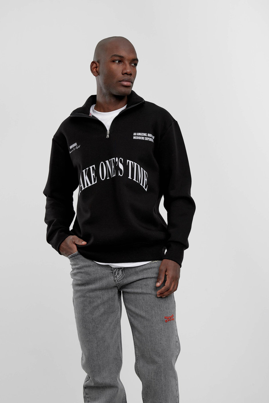Siyah Take One's Time Yazılı Yarım Fermuarlı Sweatshirt
