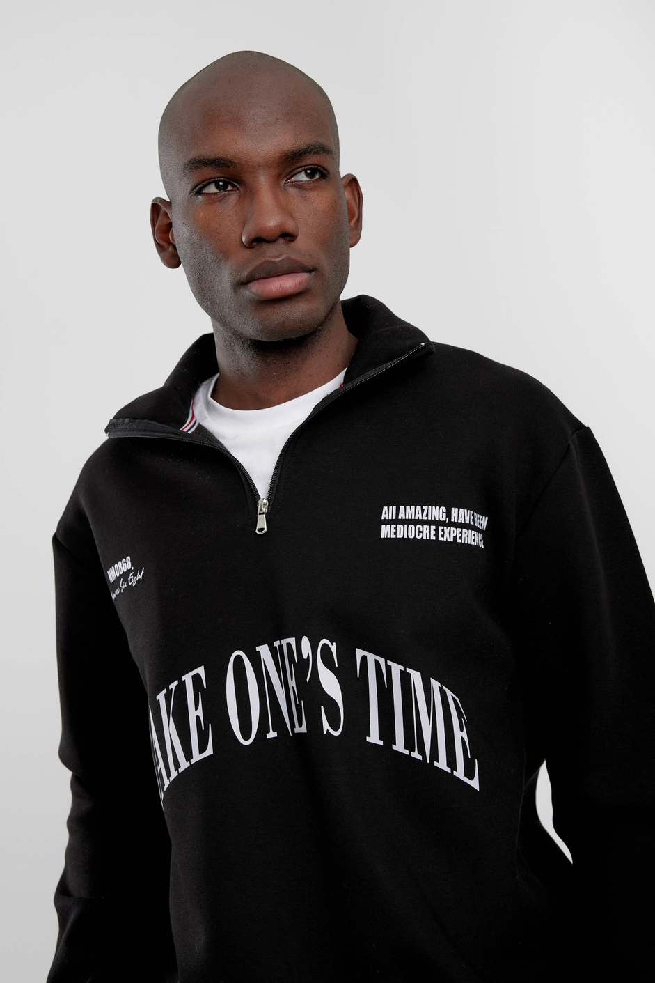 Siyah Take One's Time Yazılı Yarım Fermuarlı Sweatshirt