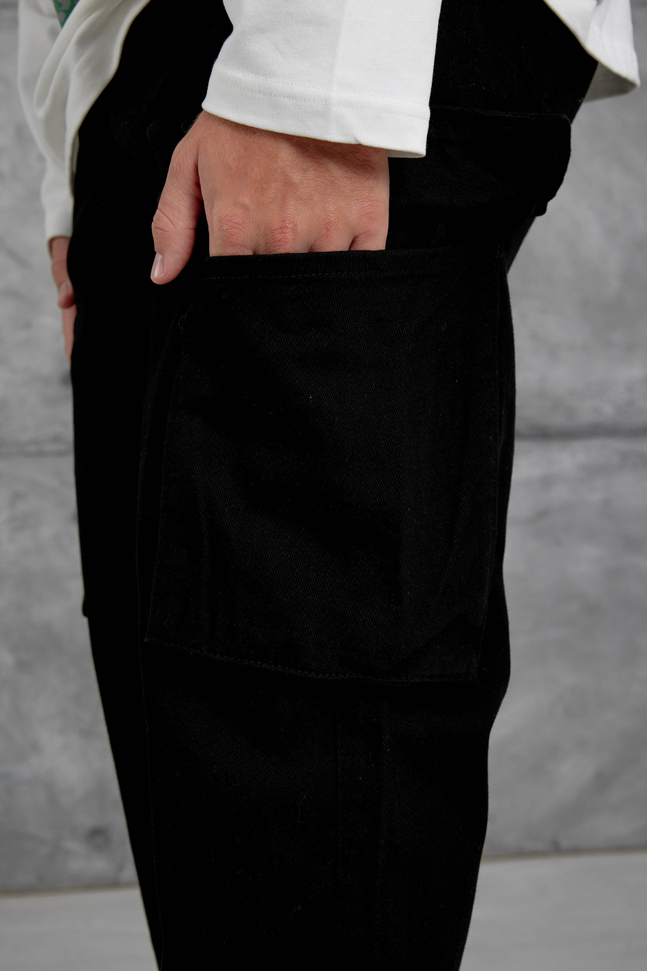 Siyah W11 Gabardin Kumaş Baggy Kalıp Kargo Cepli Jean Panloton