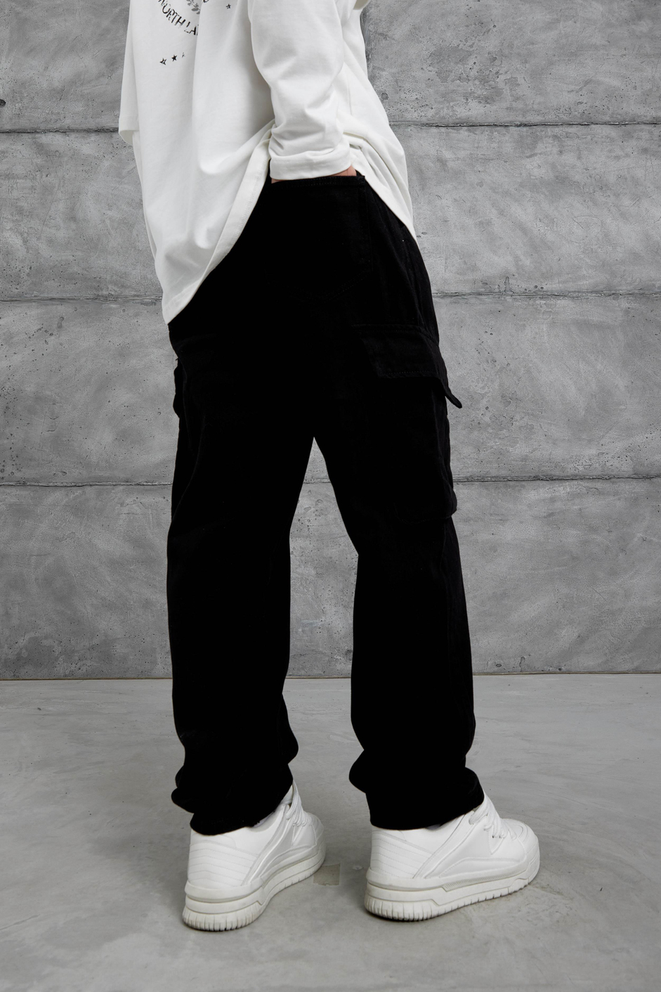 Siyah W11 Gabardin Kumaş Baggy Kalıp Kargo Cepli Jean Panloton