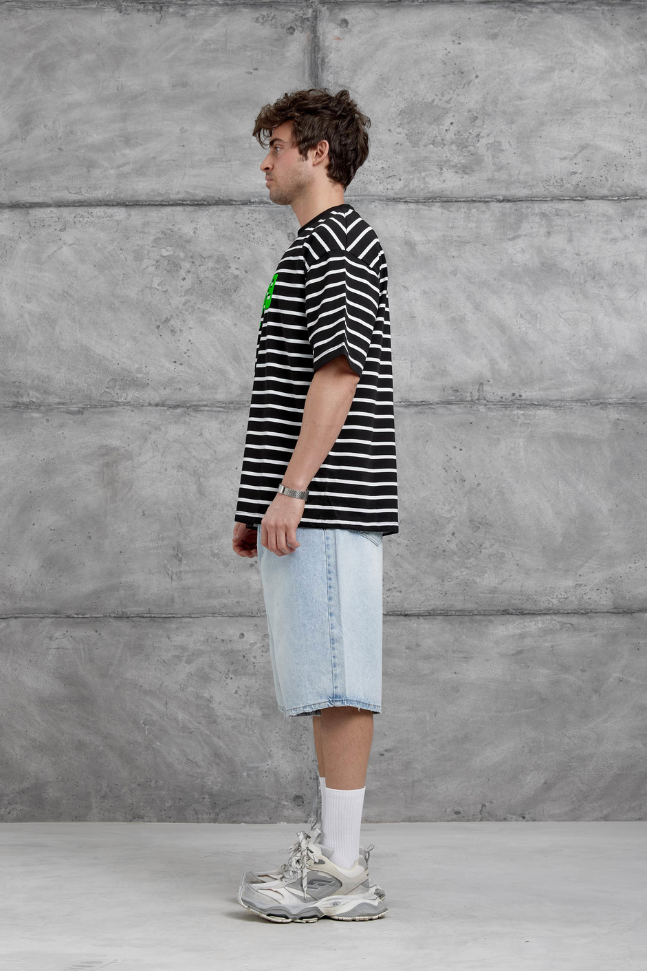 Siyah Y269 Baskılı ve Çizgili Oversize Tshirt