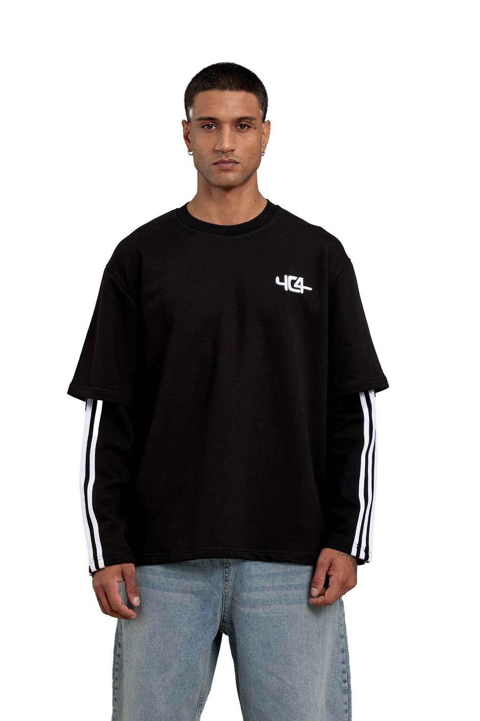 Siyah Yc4 Oversize Kolu Parçalı  Şerit Detaylı  Sweatshirt