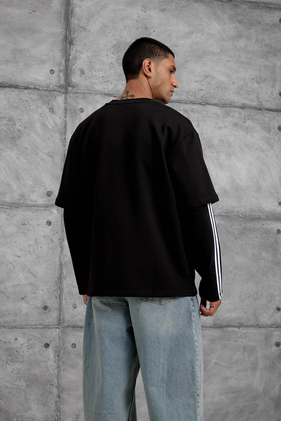 Siyah Yc4 Oversize Kolu Parçalı  Şerit Detaylı Minimal Tasarım Sweatshirt