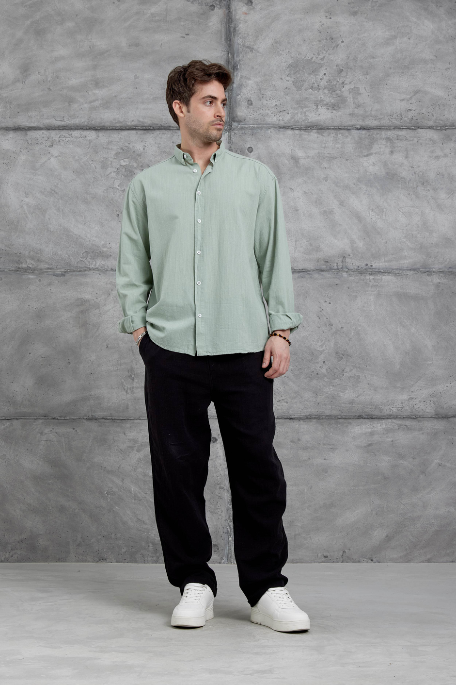 Su Yeşili Gst Keten Oversize Gömlek