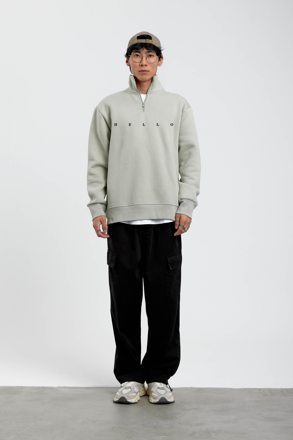 Su Yeşili Hello Yazılı Yarım Fermuarlı Sweatshirt