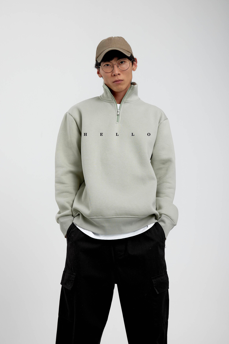 Su Yeşili Hello Yazılı Yarım Fermuarlı Sweatshirt