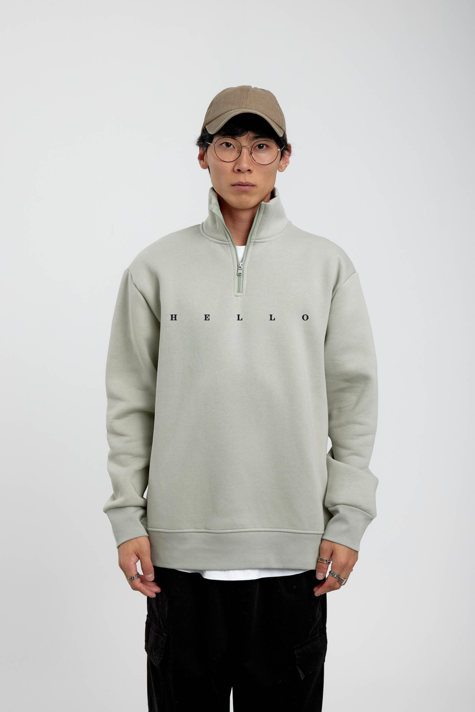 Su Yeşili Hello Yazılı Yarım Fermuarlı Sweatshirt
