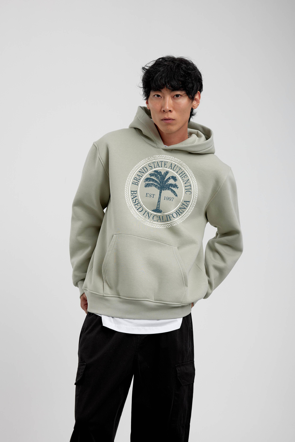 Su Yeşili Yazılı Palmiye Baskılı Kapüşonlu Sweatshirt