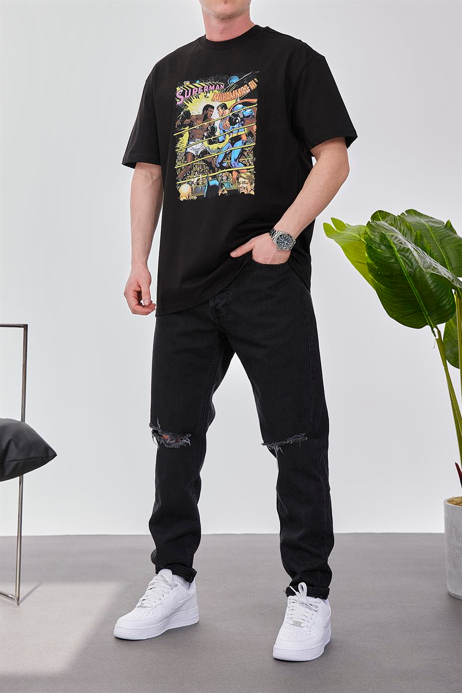 Superman vs Muhammad Ali Siyah Tshirt