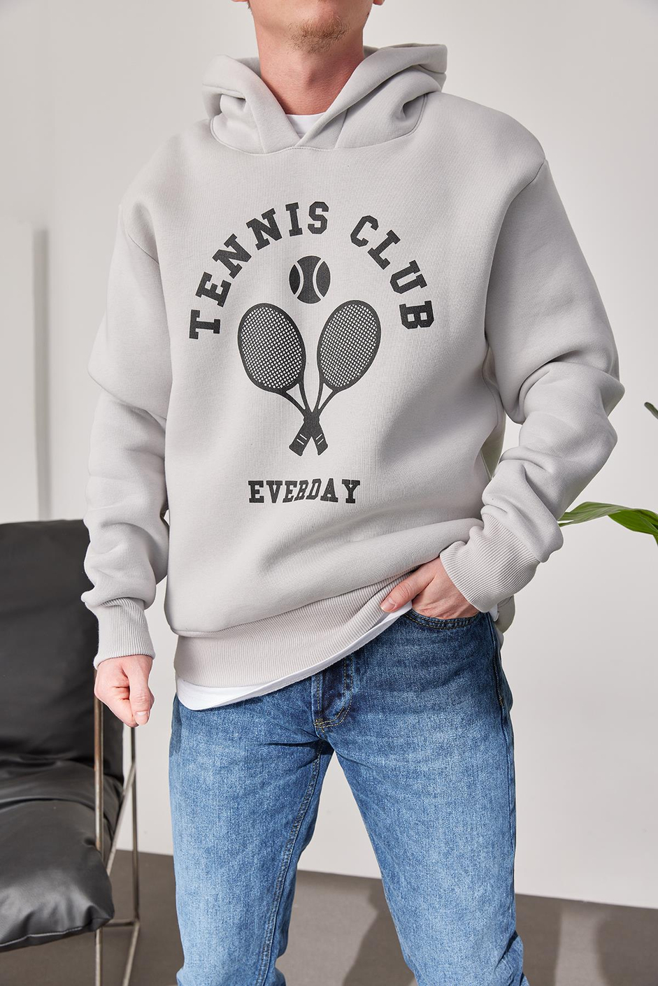 Tennis Club Gri Kapüşonlu Sweatshirt