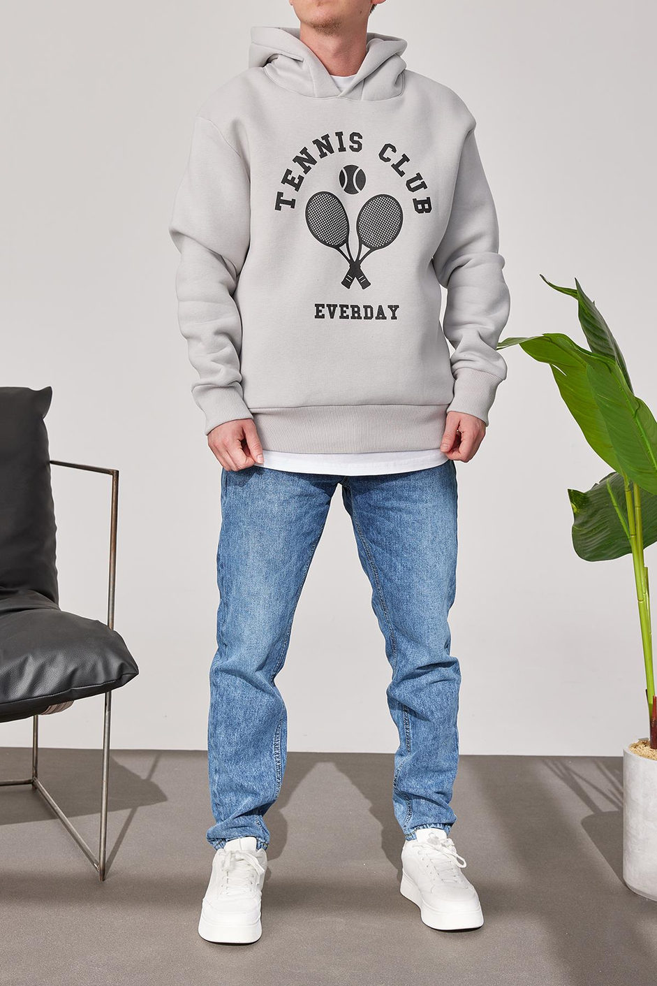 Tennis Club Gri Kapüşonlu Sweatshirt