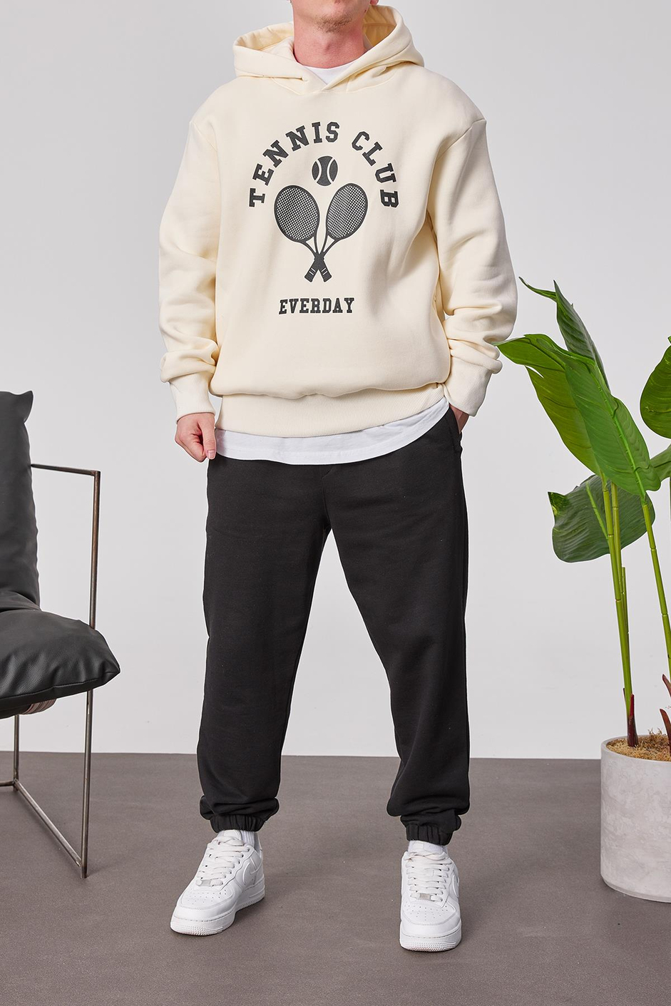 Tennis Club Krem Kapüşonlu Sweatshirt