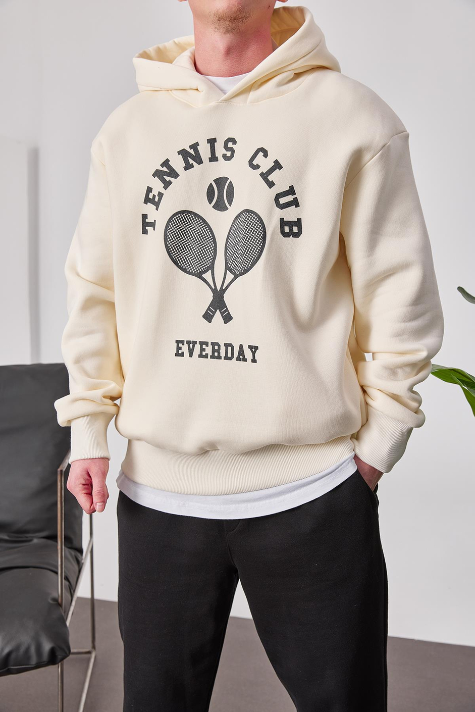 Tennis Club Krem Kapüşonlu Sweatshirt