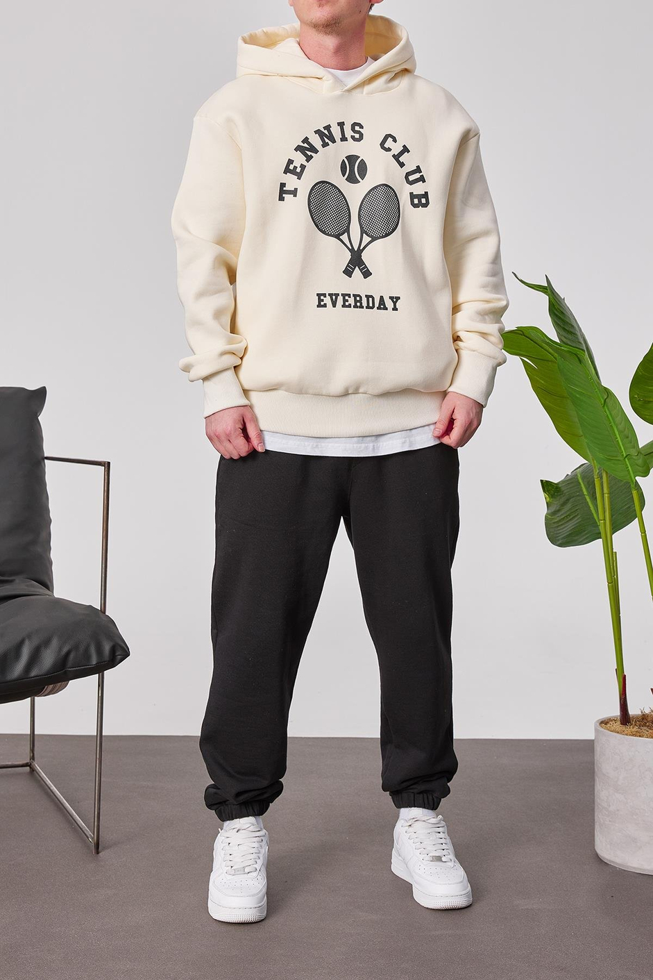 Tennis Club Krem Kapüşonlu Sweatshirt