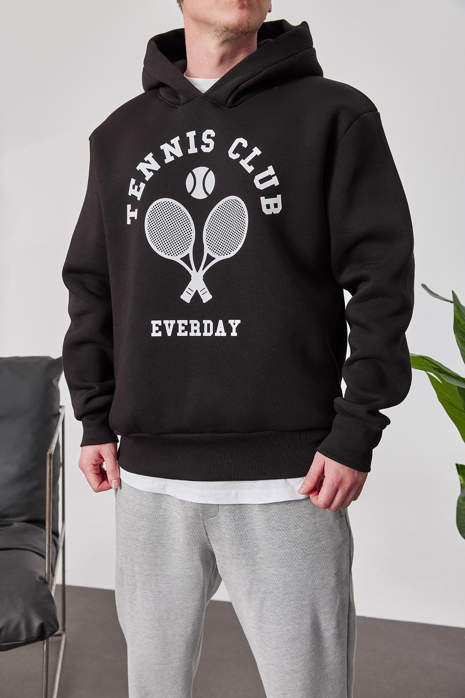 Tennis Club Siyah Kapüşonlu Sweatshirt