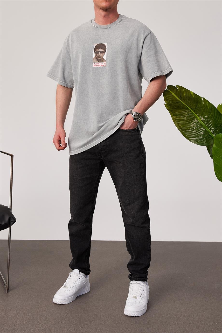 Tony Montana Yıkamalı Gri Tshirt