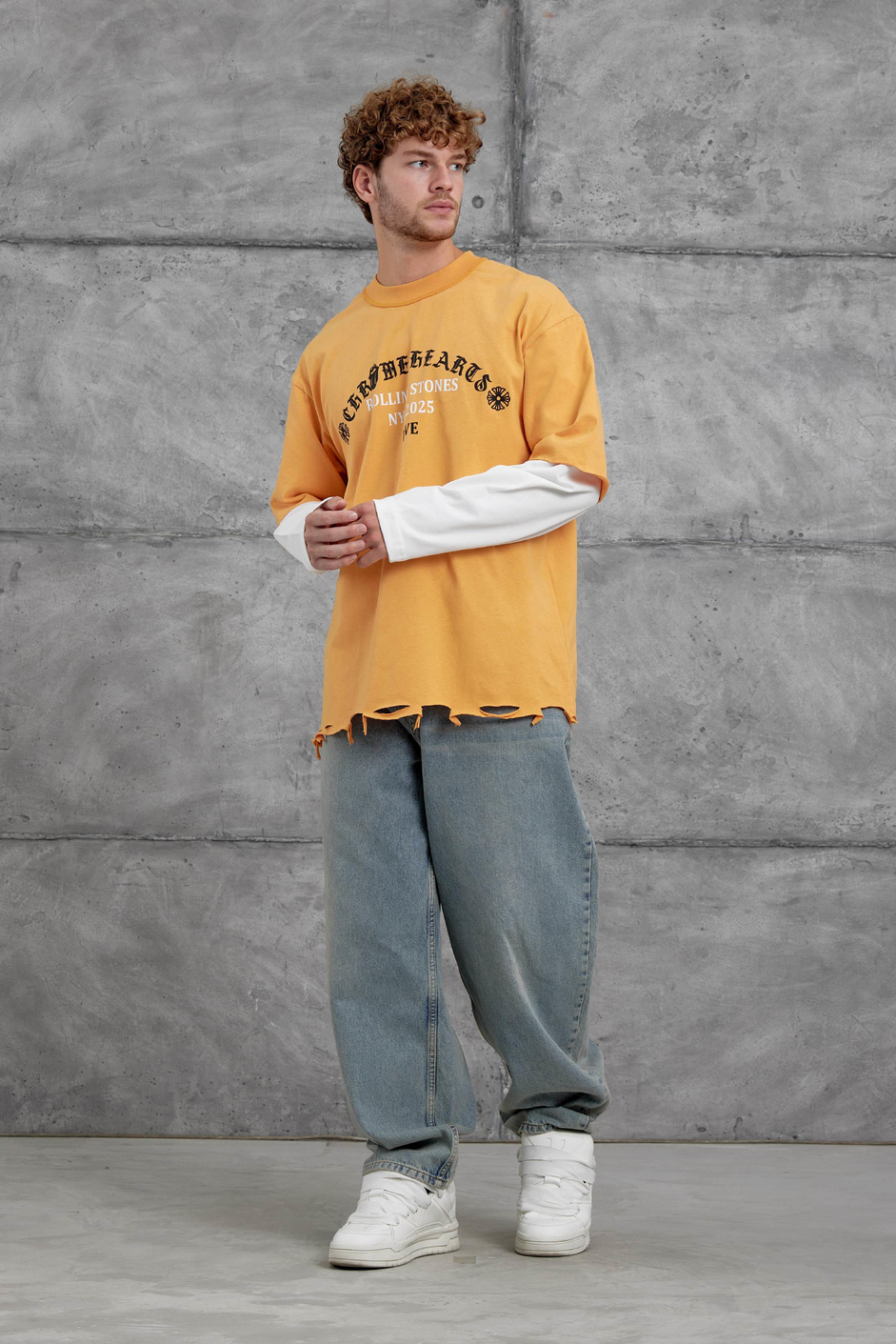 Turuncu Rolling Stone Baskılı Parça Kollu Sweatshirt
