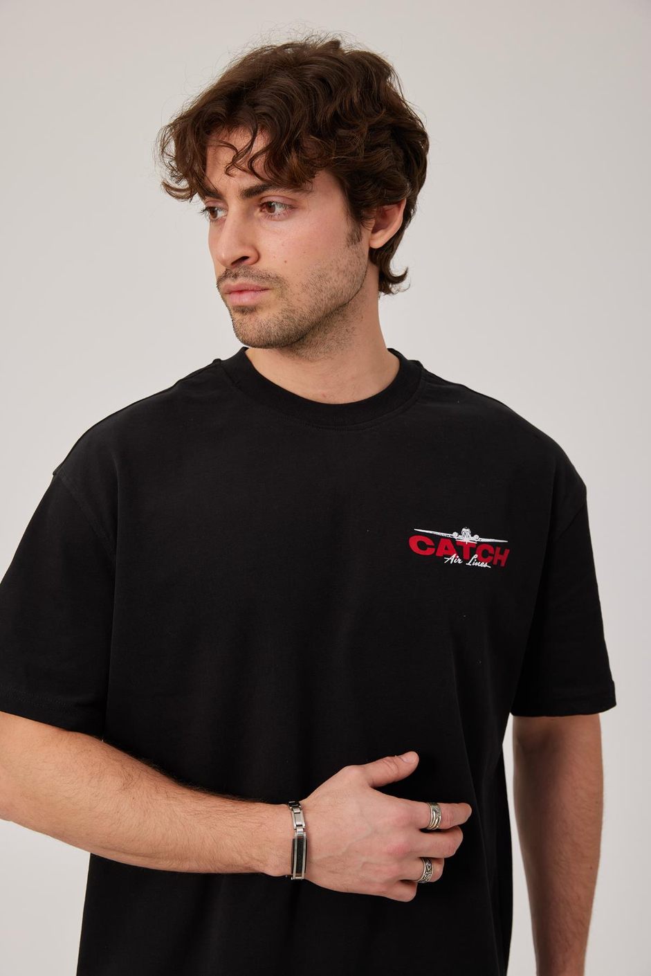 Uçak Baskılı Siyah Tshirt