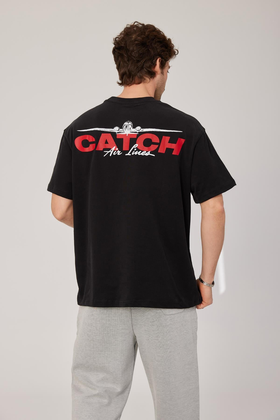 Uçak Baskılı Siyah Tshirt