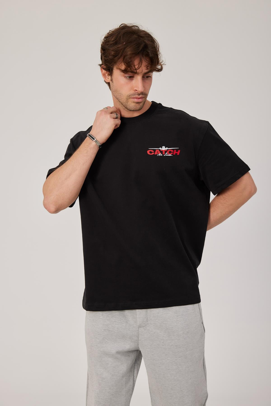 Uçak Baskılı Siyah Tshirt