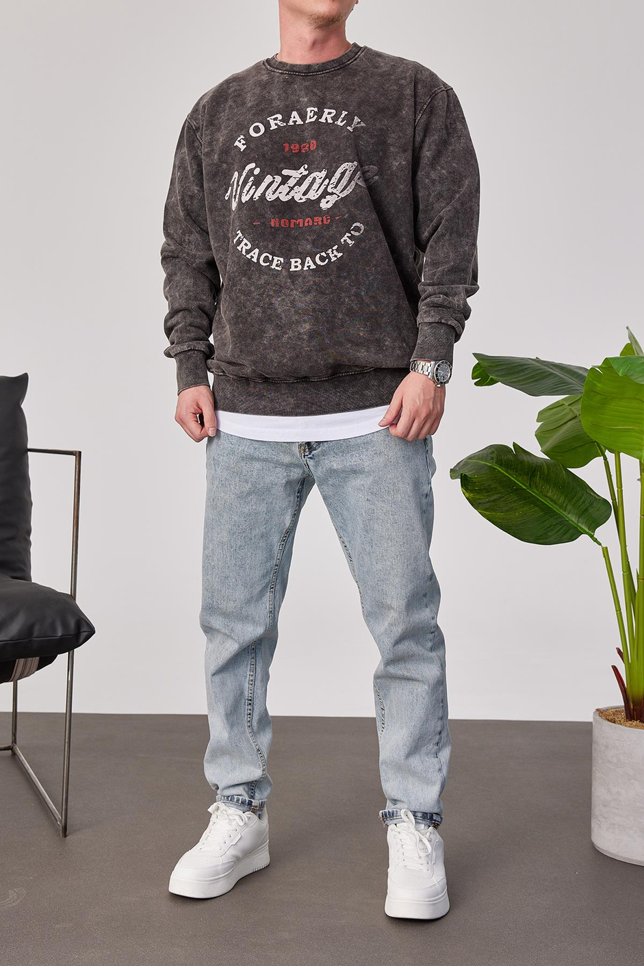 Vintage Yazılı Füme Yıkamalı Sweatshirt